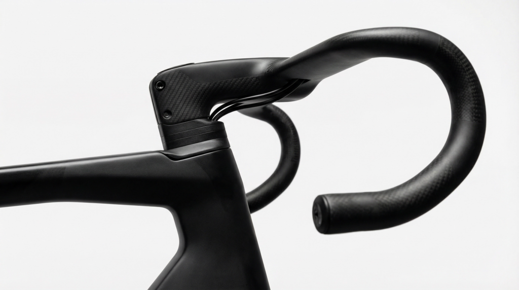 Close-up studio photograph of a modern 2026 aero road bike integrated cockpit