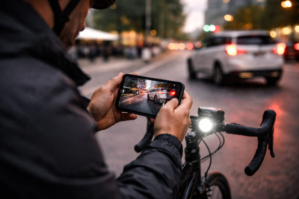 Cyclist reviews close-pass footage at dusk