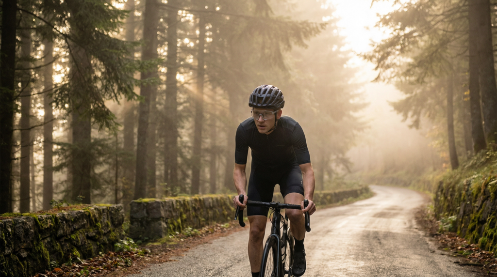 Cyclist riding on a misty forest road at dawn wearing clear or lightly tinted cycling glasses
