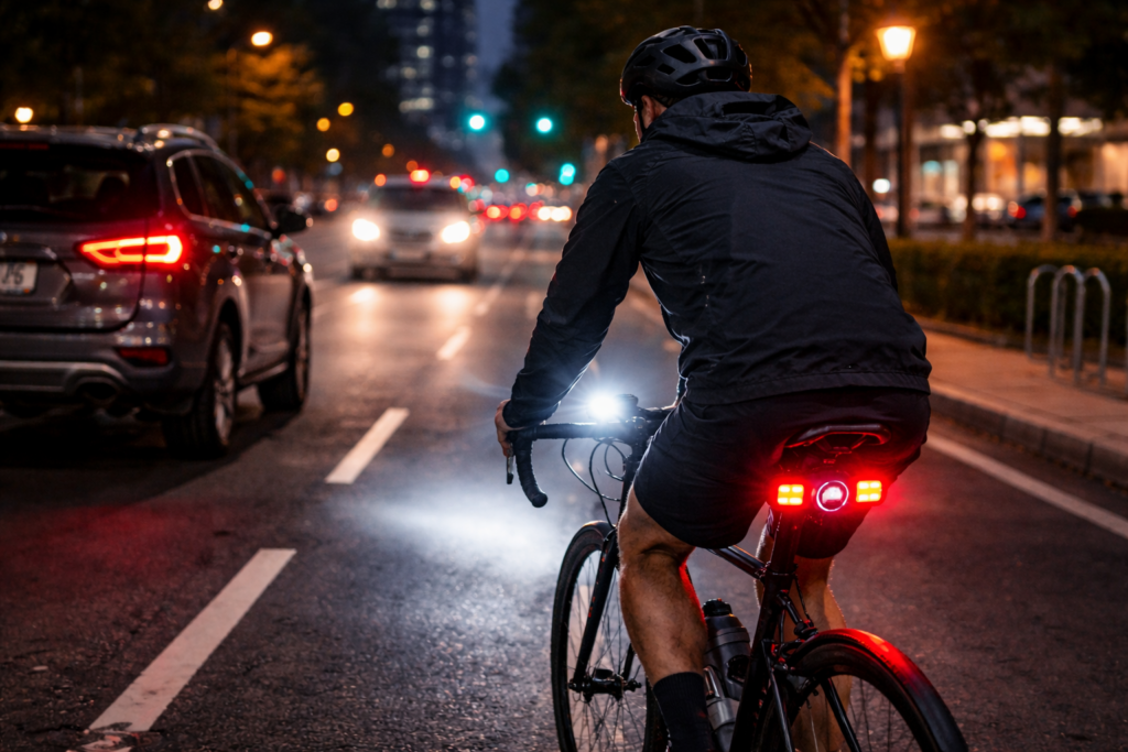 Cyclist riding through city nightscape