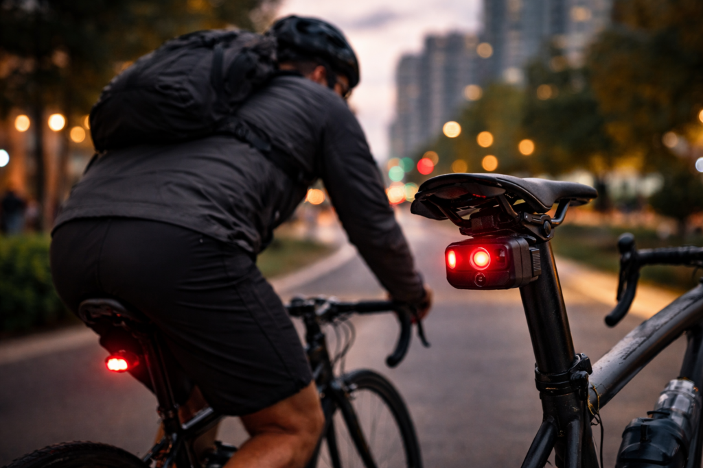 Cyclist's rear radar camera at twilight