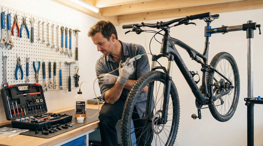 Professional bicycle mechanic in a clean workshop carefully bleeding hydraulic disc brakes on a modern mountain bike