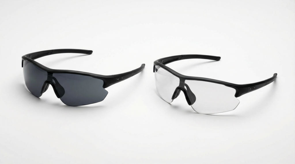 Studio product photograph of two identical cycling sunglasses placed side by side showing a dark tinted lens