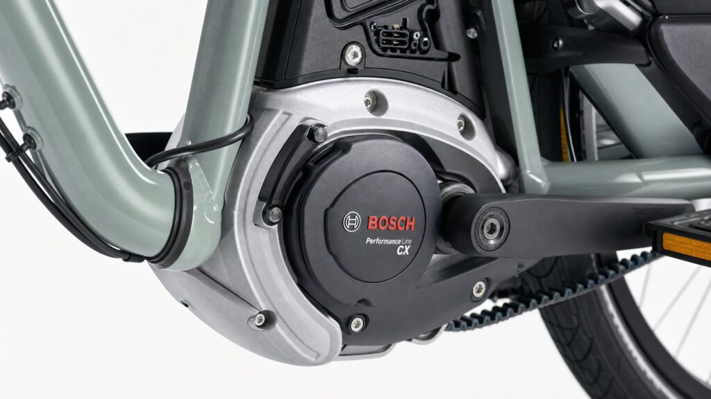 A Bosch mid-drive e-bike motor system mounted on a cargo bike frame
