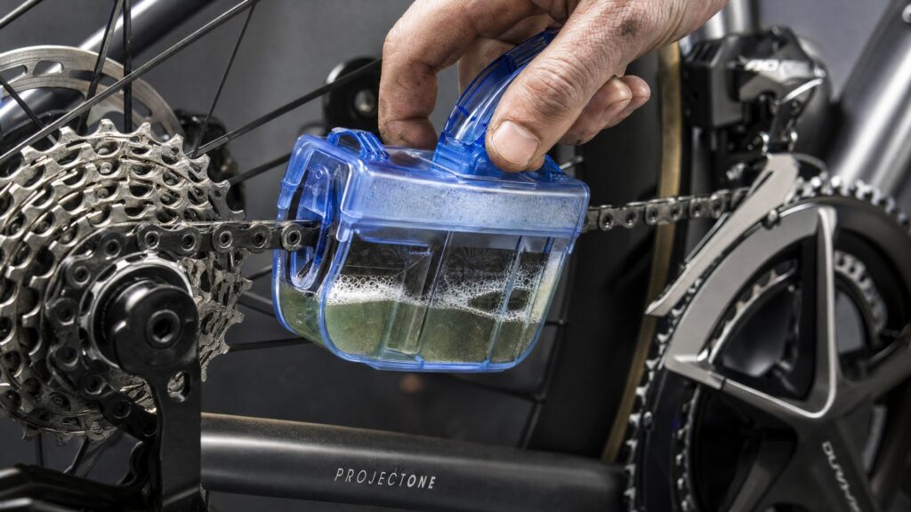 A chain cleaning device on a premium 2026 road bike drivetrain
