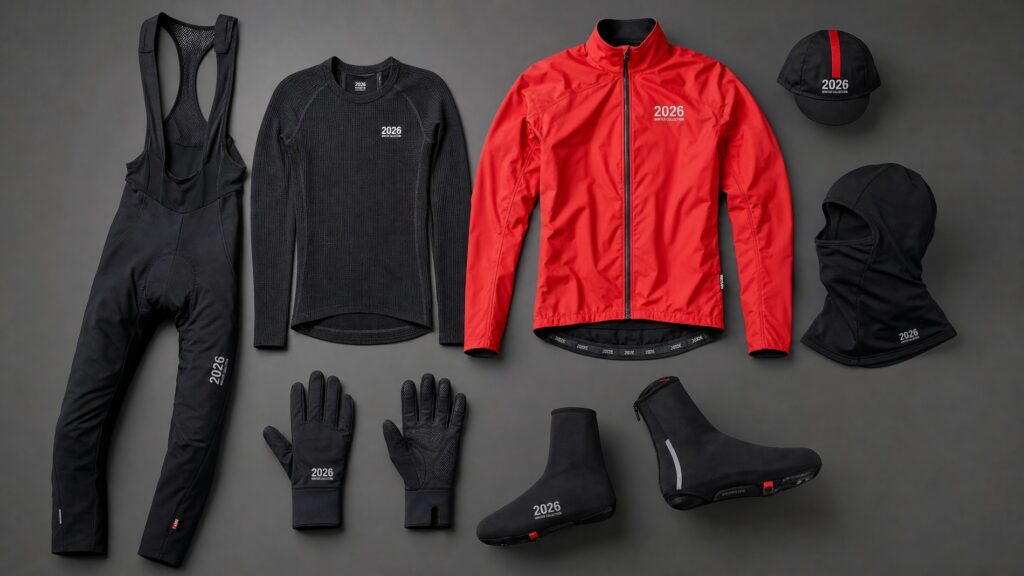 A complete 2026 winter cycling kit laid out on a clean dark grey surface