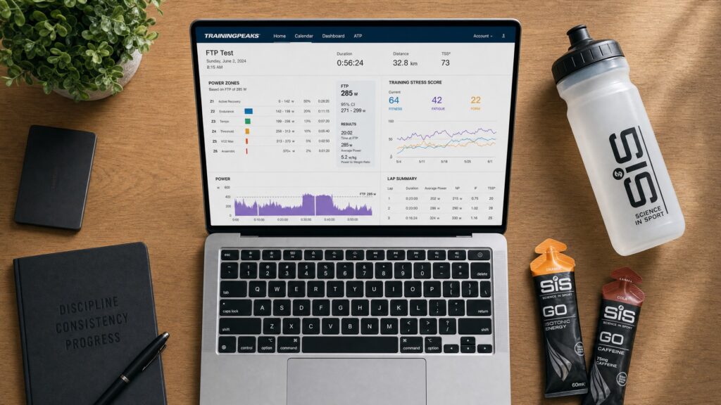 A laptop showing a TrainingPeaks performance data dashboard with power zones chart