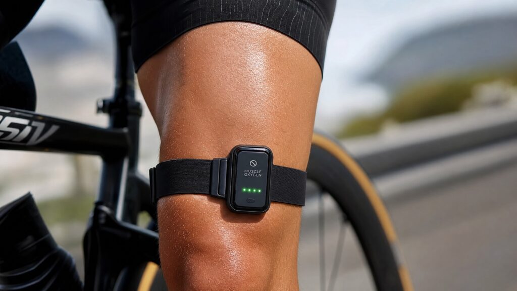 A small muscle oxygen sensor device strapped to a cyclist's quad muscle while riding