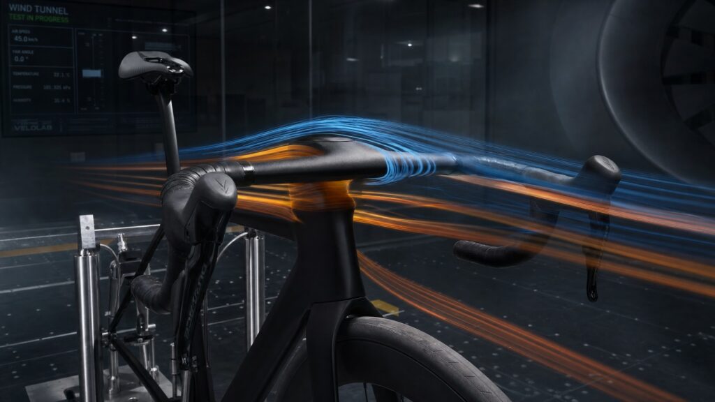 Aerodynamics wind tunnel testing facility in 2026 showing a road bike cockpit and handlebar