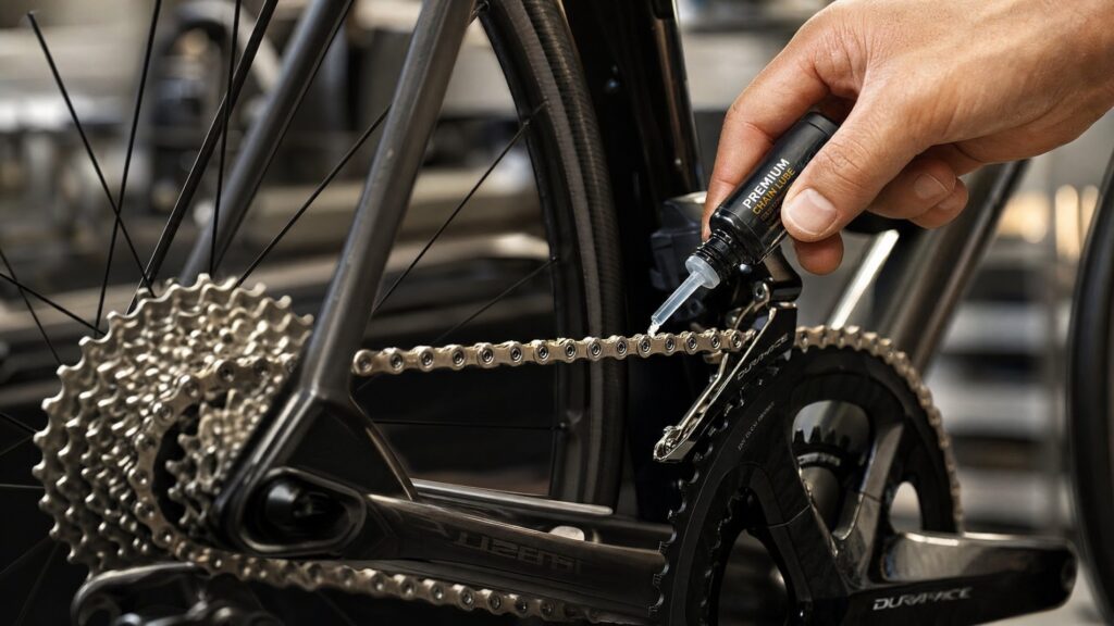 Applying chain lube in a workshop