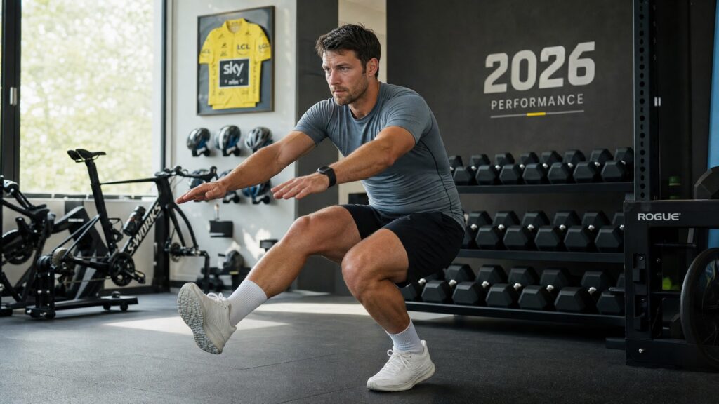 Athletic male cyclist in black shorts and grey compression shirt performing single-leg squats