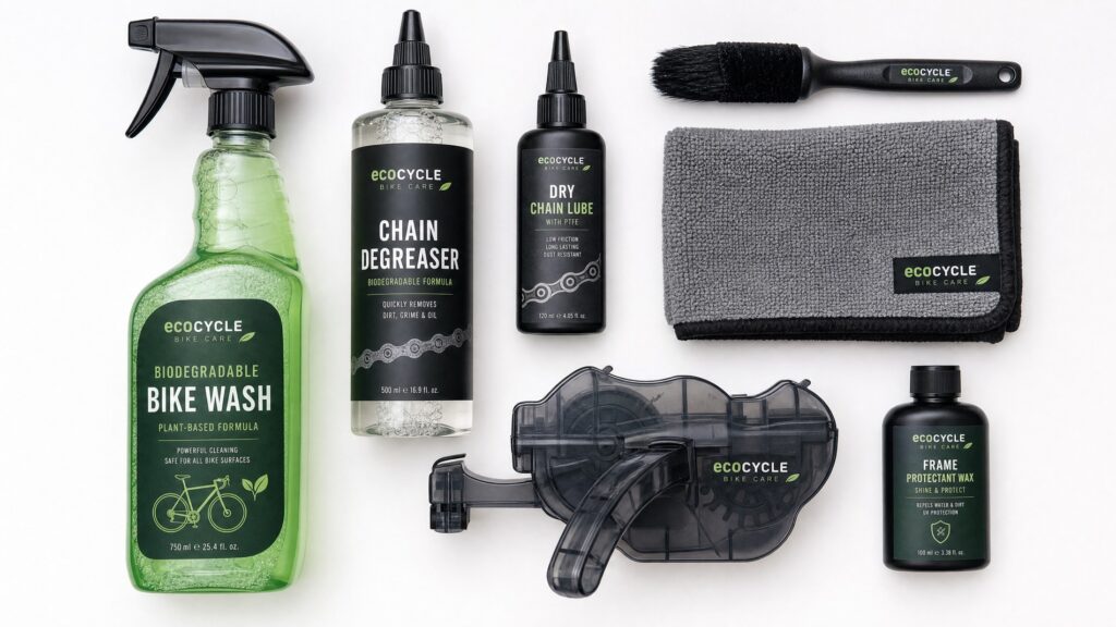 Bike cleaning and maintenance products neatly arranged on a clean white surface