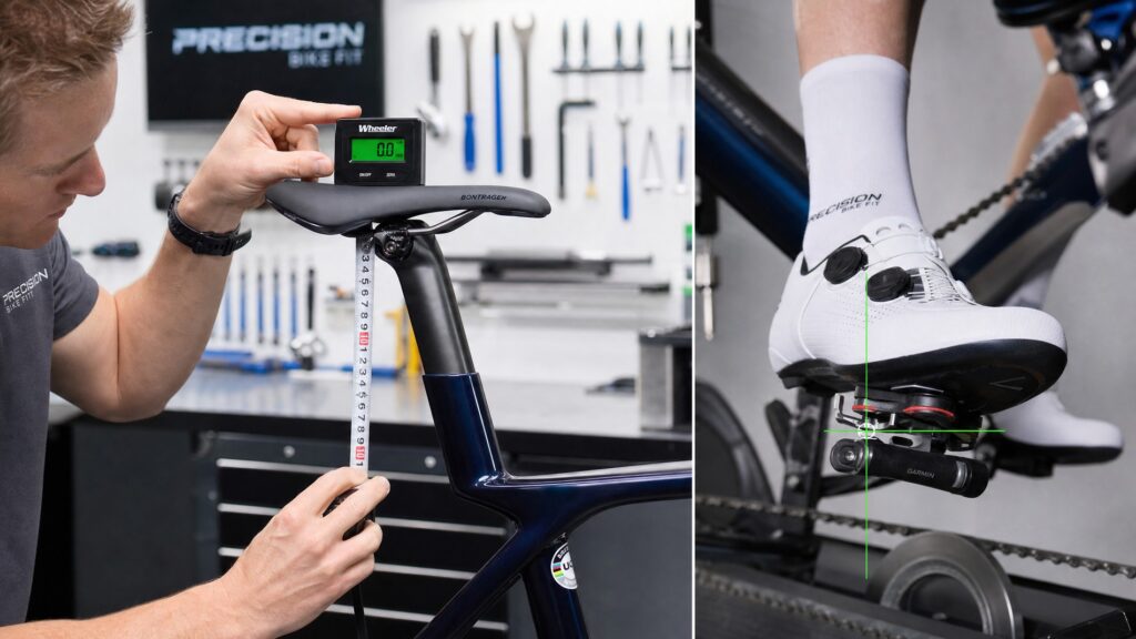Bike fitter adjusting the saddle height on a premium 2026 carbon road bike using a digital level tool