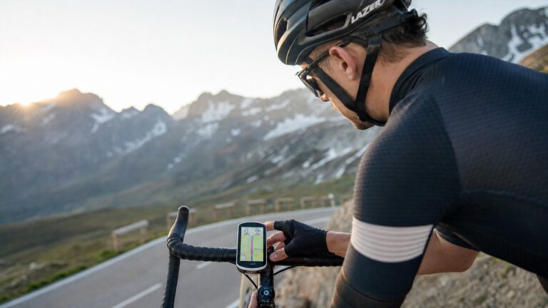 Close-up of a road bike rider viewing GPS route data against a dramatic mountain landscape