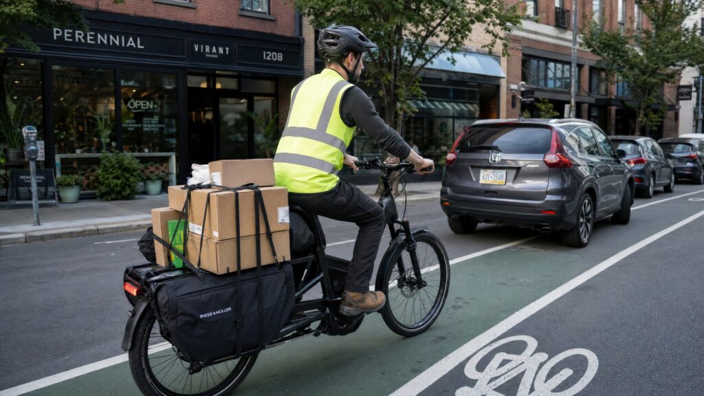 Courier on a modern electric cargo longtail bike making an urban last-mile delivery
