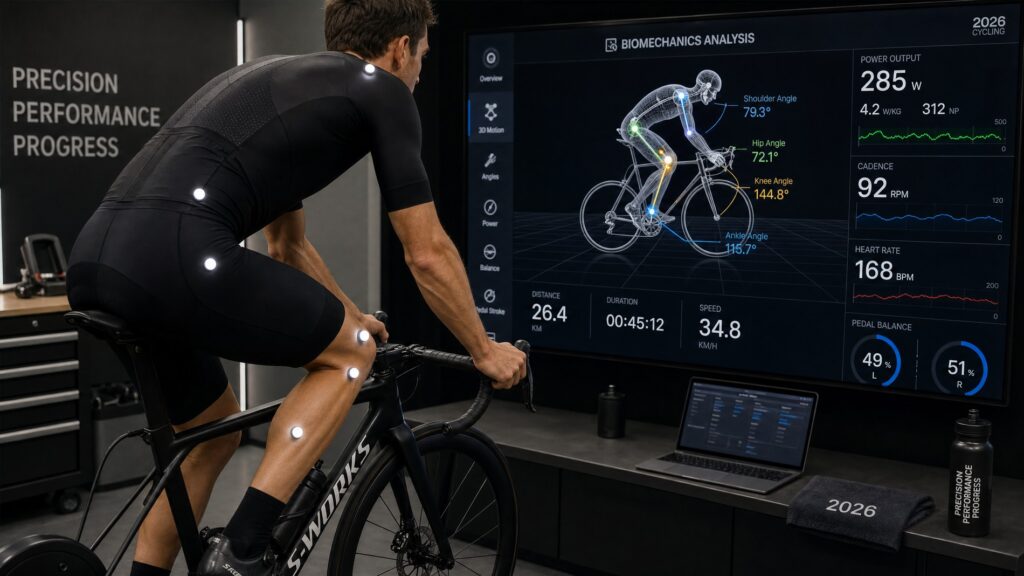 Cycling biomechanics analysis session showing a cyclist on a smart trainer with a large monitor