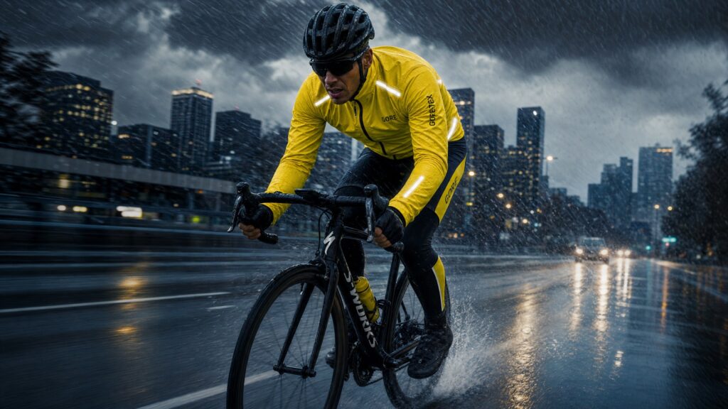 Cycling jacket and matching bib tights riding confidently through heavy rain on a wet urban road