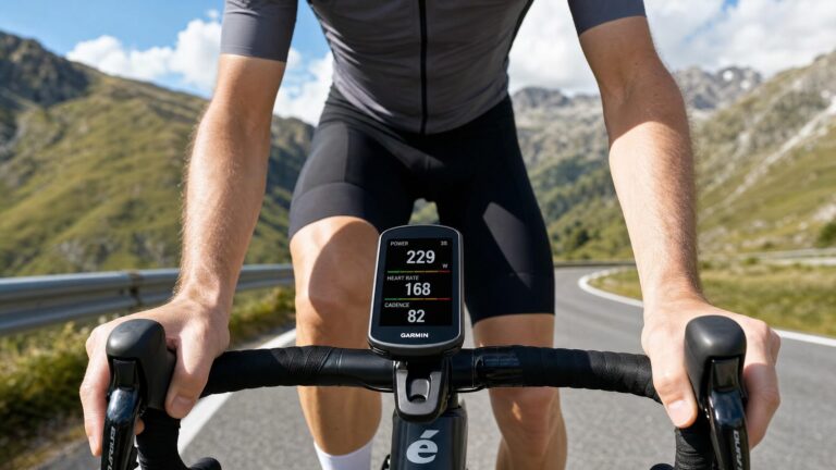 Cyclist gripping handlebars with a Garmin bike computer displaying power, heart rate, and cadence on a mountain road