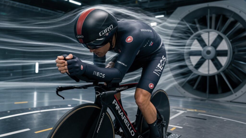 Cyclist in a full aerodynamic speedsuit being tested inside a high-tech wind tunnel facility