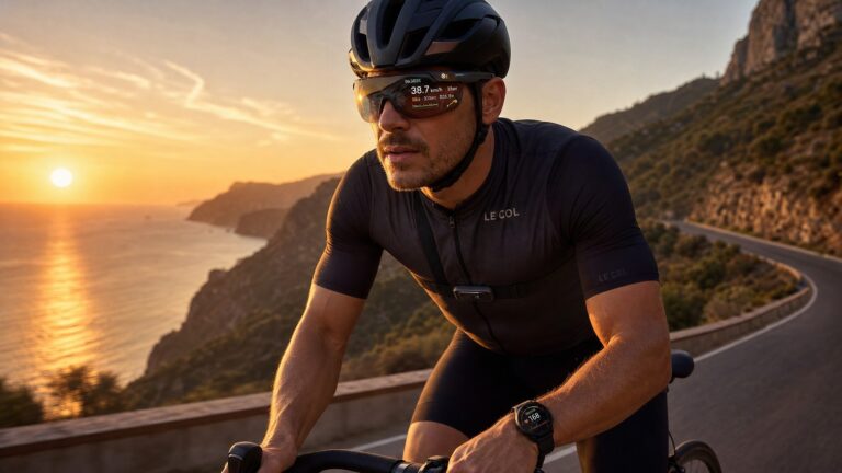 Cyclist wearing a full suite of smart cycling wearables on a scenic coastal road at sunrise