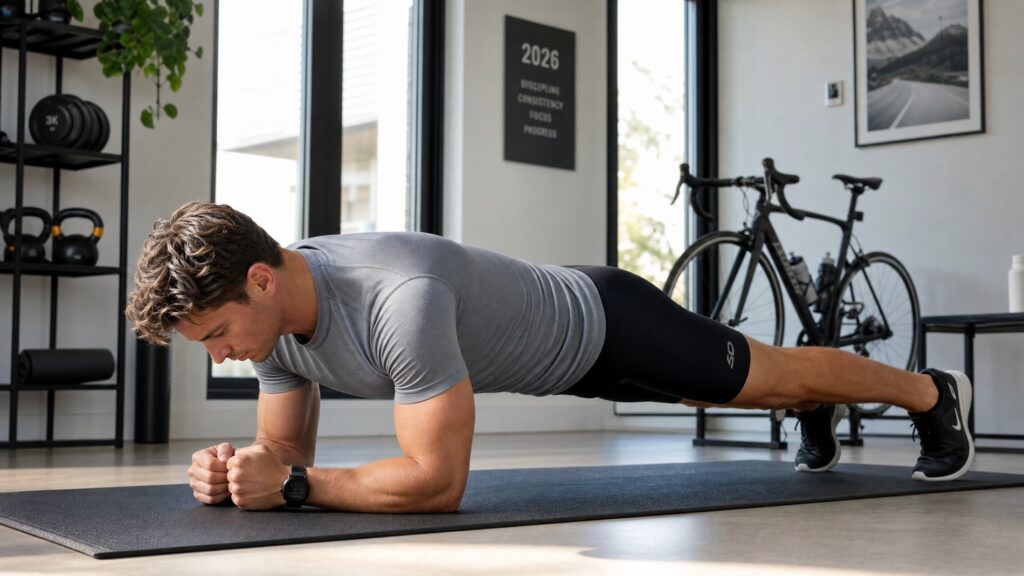 Fit male cyclist in black compression shorts and grey athletic shirt performing a plank exercise