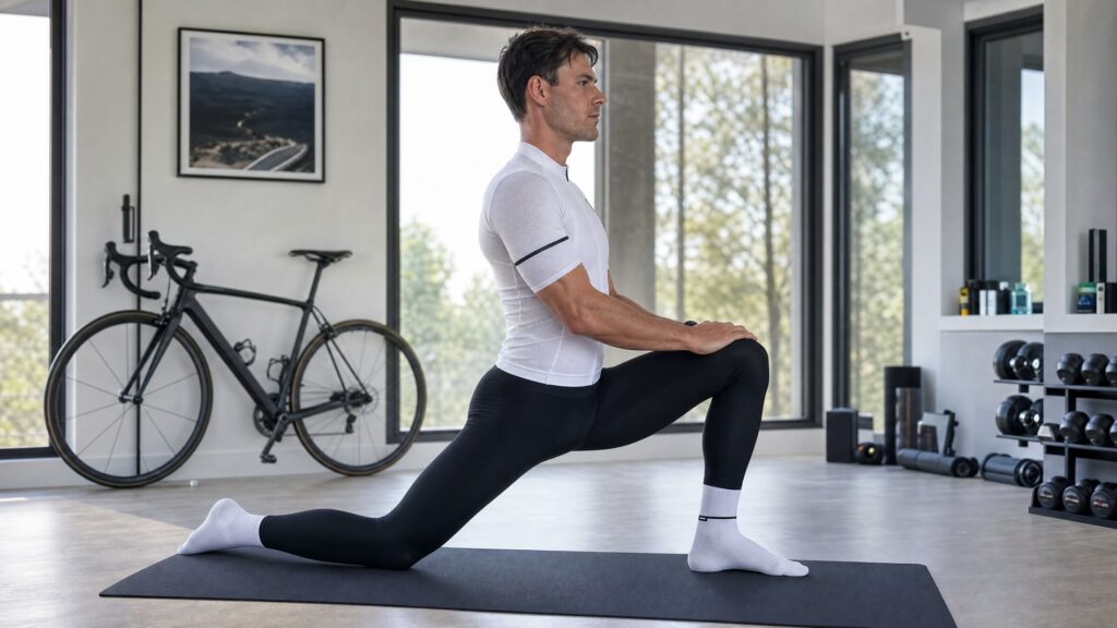 Fit male cyclist in black compression tights and a white cycling jersey