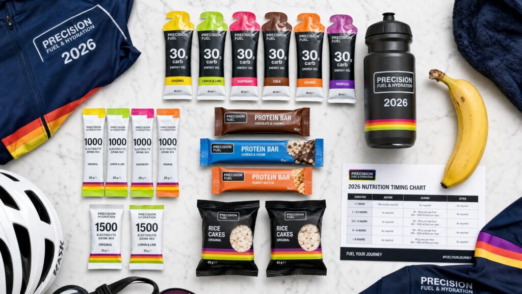 Full 2026 nutrition kit flat-lay with timing chart