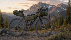 Gravel bike equipped with green waterproof bikepacking bags on a rocky mountain trail during sunset