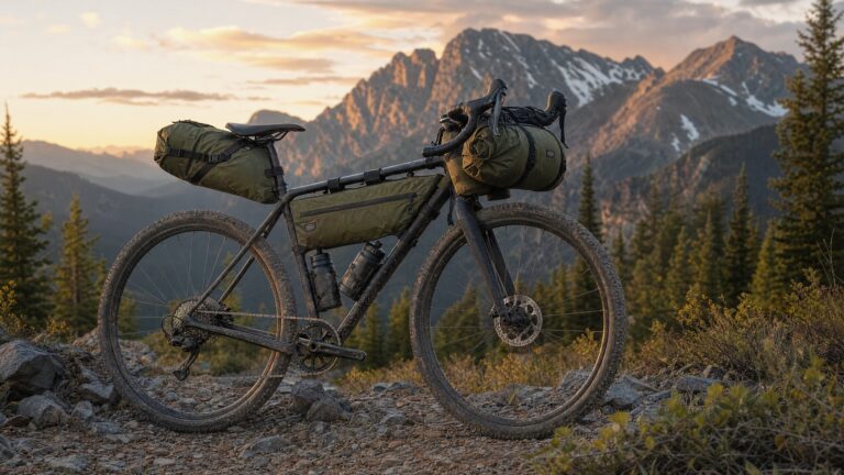 Gravel bike equipped with green waterproof bikepacking bags on a rocky mountain trail during sunset