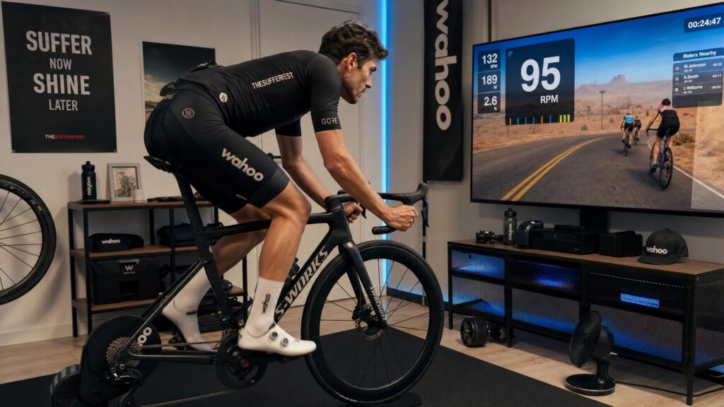 Indoor trainer session showing 95 RPM on screen