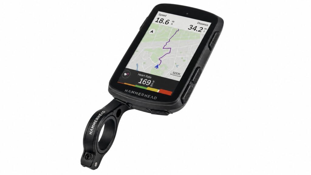 Premium GPS cycling computer device displaying a detailed cycling map with route overlay