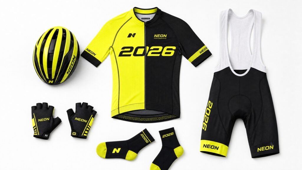 Product photography of a premium 2026 cycling kit laid out on a clean white surface