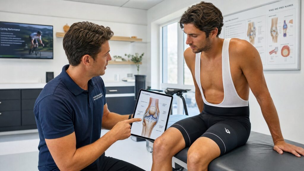 Professional sports medicine physiotherapist in a modern clinic examining a cyclist's knee