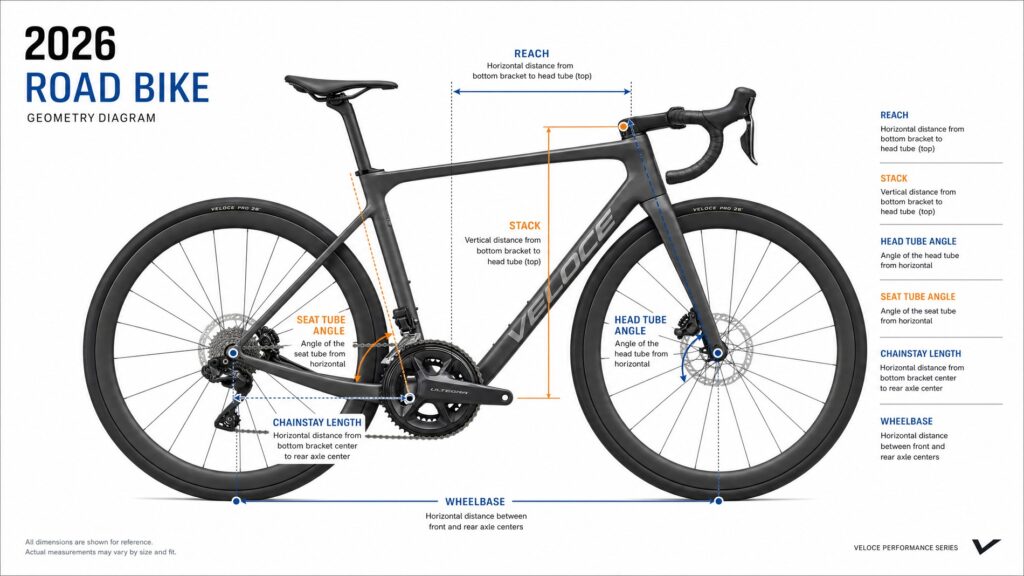Road bike side profile showing bike geometry measurements including stack height