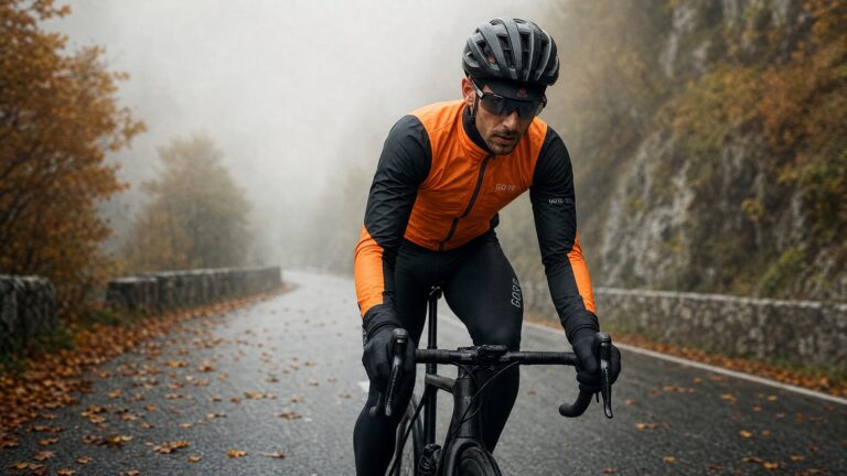 Road cyclist wearing thermal cycling jacket and gloves during cold seasonal ride