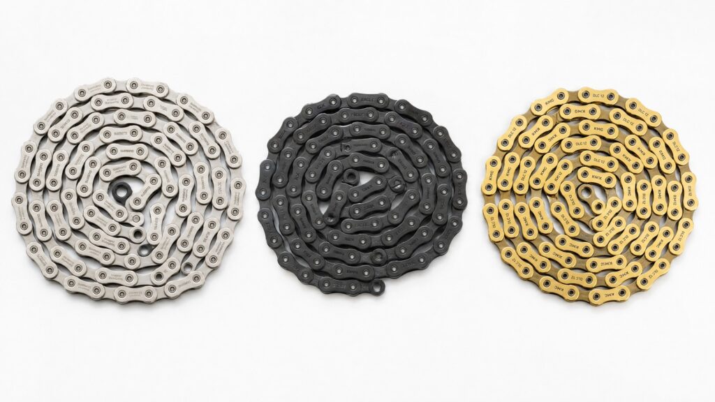Shimano, SRAM Eagle, and KMC DLC chains side by side