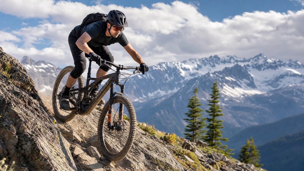 Skilled rider demonstrating perfect attack position body mechanics on a technical rocky trail descent