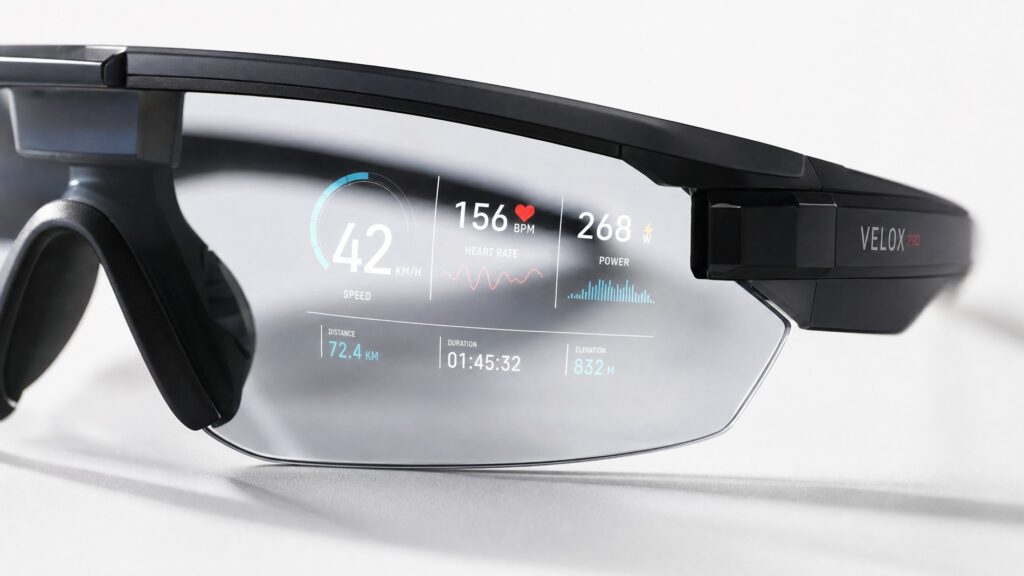 Smart cycling glasses with a transparent heads-up display lens showing speed and heart rate