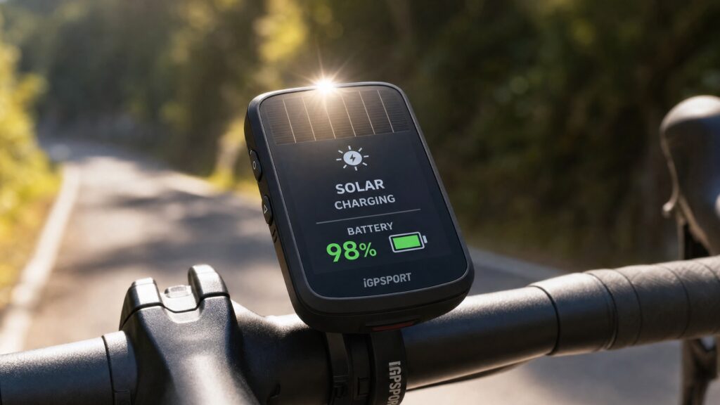 Solar-powered GPS cycling computer mounted on a road bike handlebar in bright sunlight