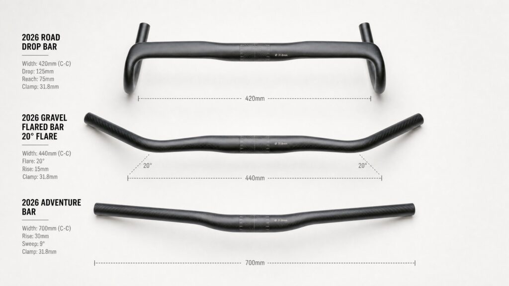 Three different 2026 cycling handlebars side by side on a clean white surface