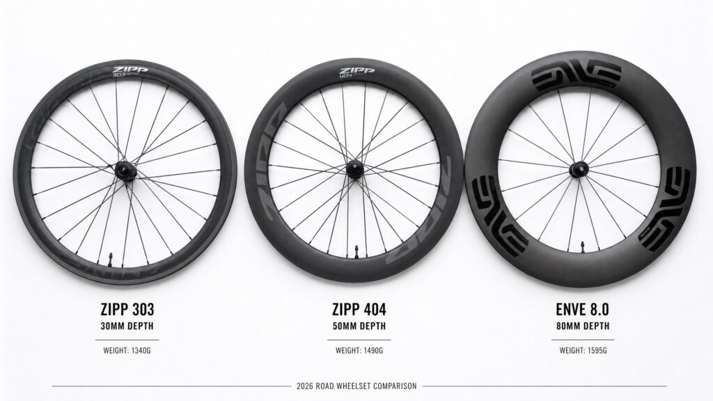 Three premium 2026 road bike carbon wheelsets side by side on a clean white surface