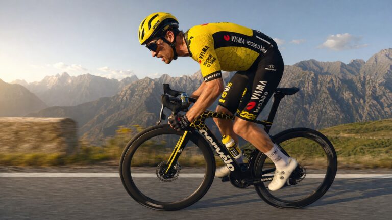 Cyclist sprinting on a mountain road