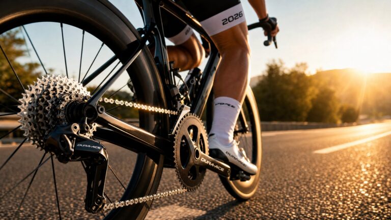 cyclist sprinting with Dura-Ace drivetrain at golden hour