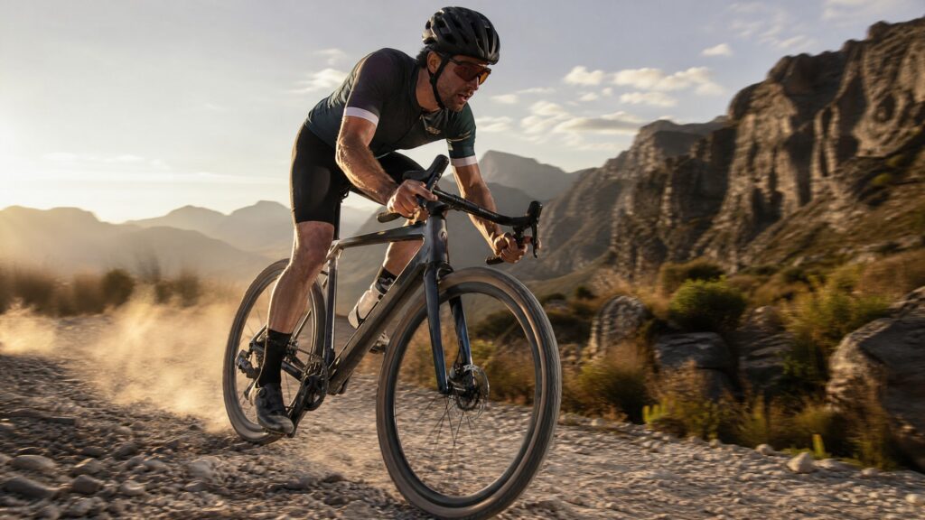 Action shot of a male cyclist riding a modern 2026 gravel bike aggressively