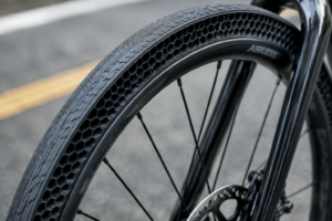 Airless tire close-up on urban street