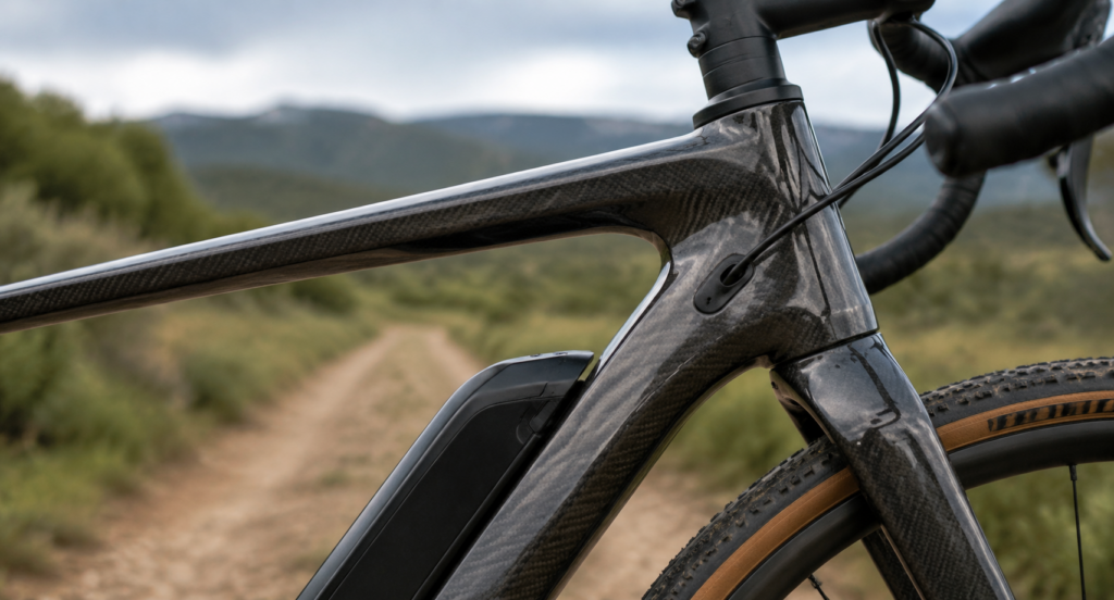 Close-up of a carbon fiber e-gravel bike frame showing smooth lines