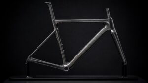 Close-up of a high-performance road bike carbon frame with aerodynamic design