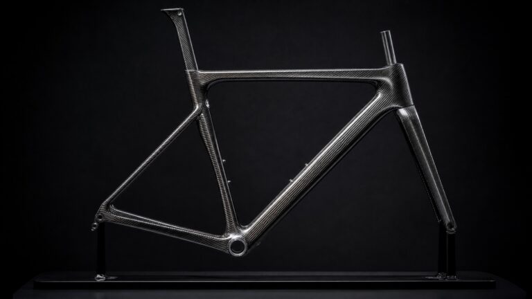 Close-up of a high-performance road bike carbon frame with aerodynamic design