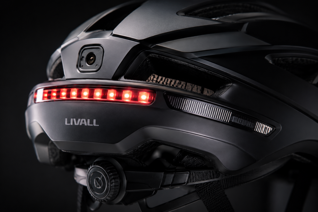 Close-up of cycling helmet sensors and integrated LED safety lights
