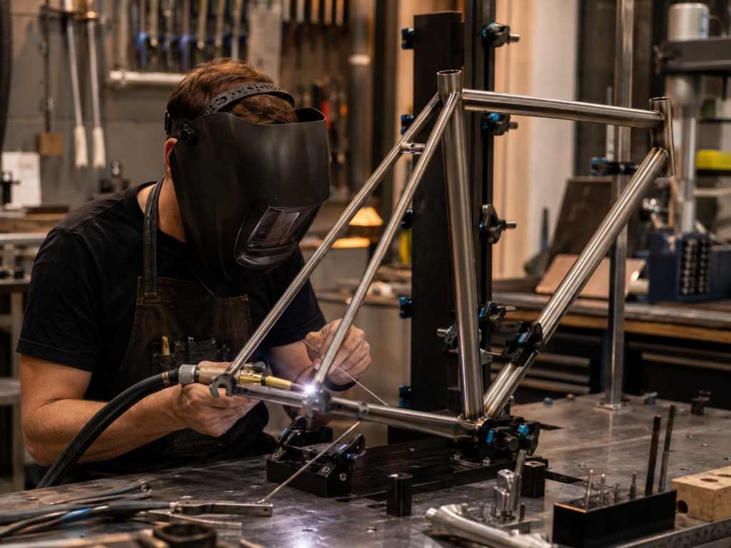 Close-up of welding a bike frame in progress, highlighting precise joining of metal tubes in manufacturing